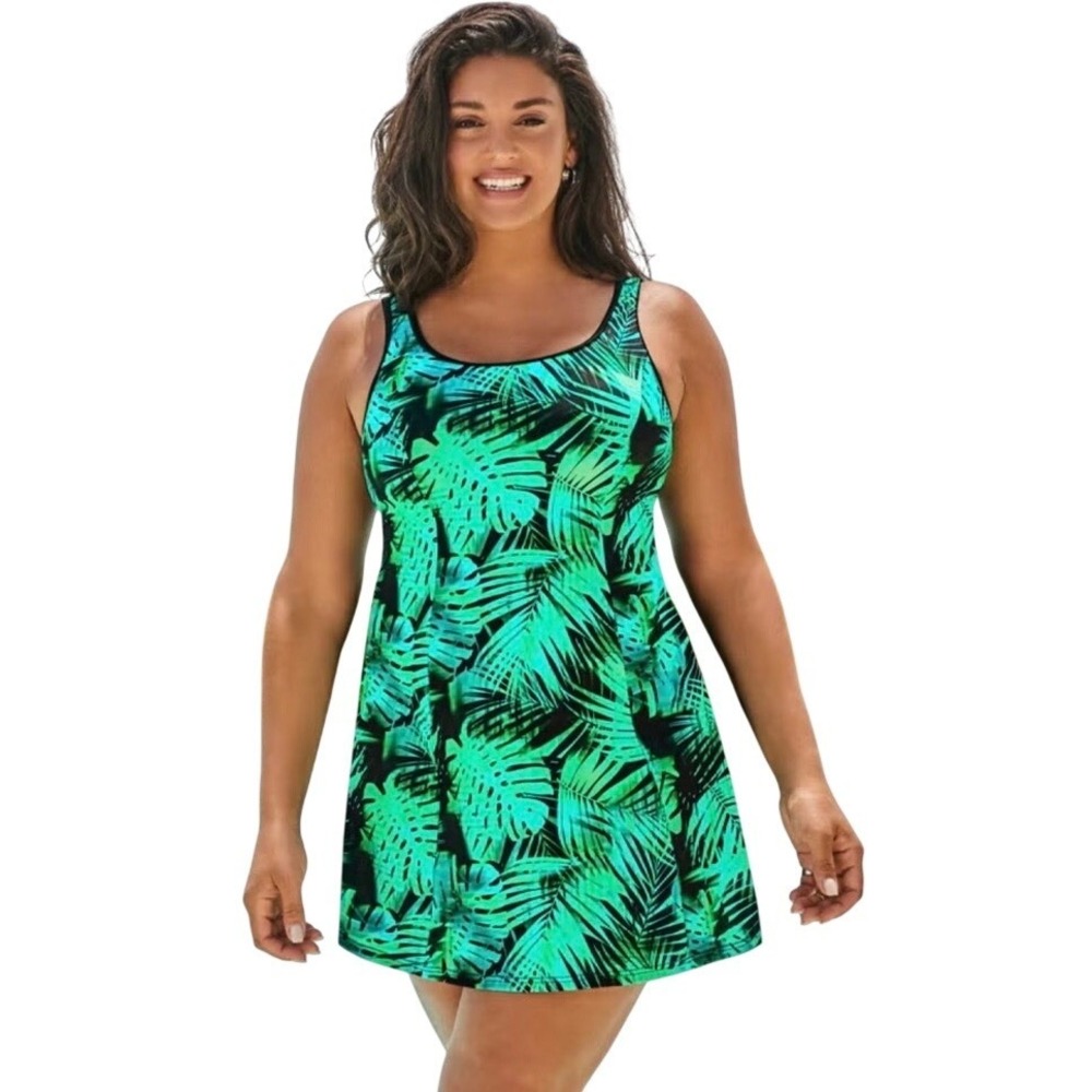 Swimsuits For All Tropical Leaf Tank Swimdress Green Blue Floral Bathing Suit